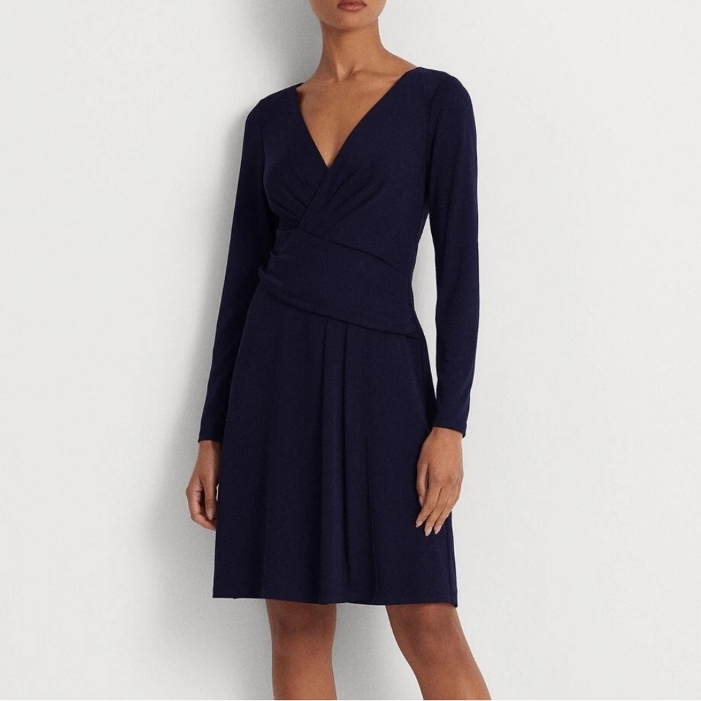 Lauren Ralph Lauren Long‎ Sleeve Draped Front Jersey Dress Navy Blue 6